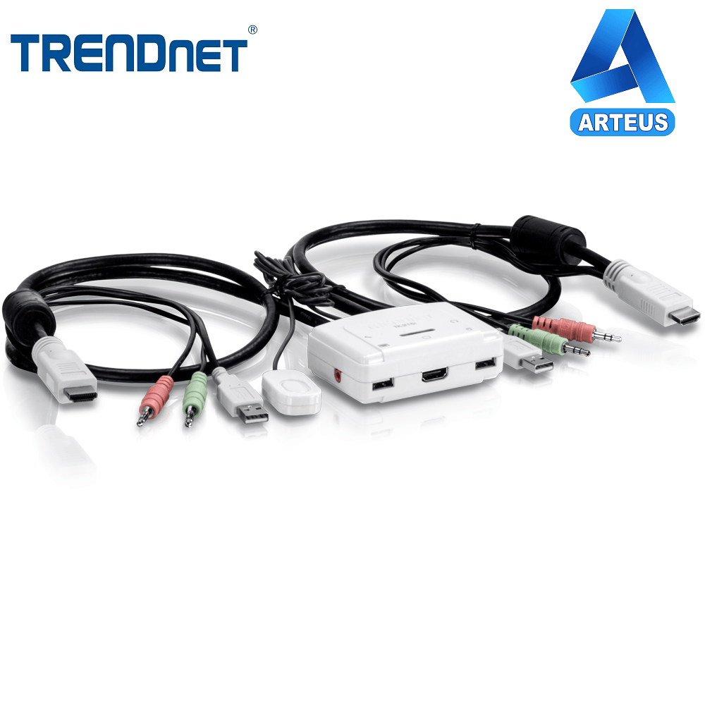 Switch KVM HDMI de 2 puertos con cables USB y audio, conector para redes y computo.