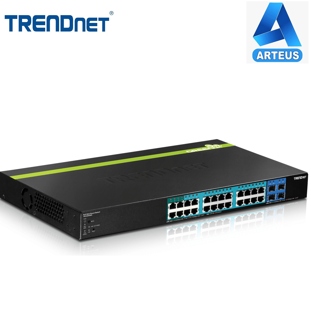 Switch Gigabit TRENDnet web smart de 28 puertos PoE con 4 ranuras SFP, color negro