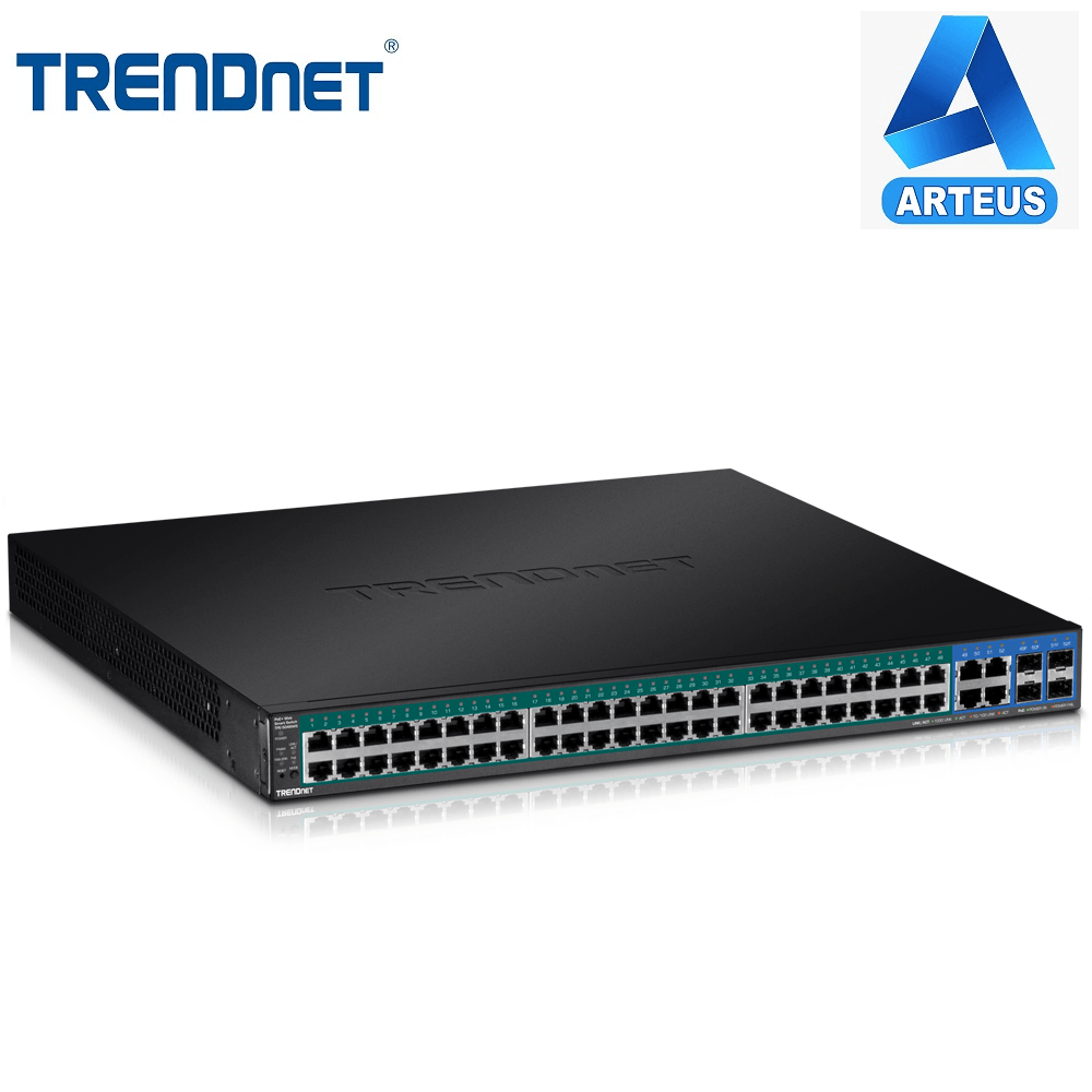 Switch Trendnet de 52 puertos Gigabit Web Smart PoE, carcasa negra, vista frontal