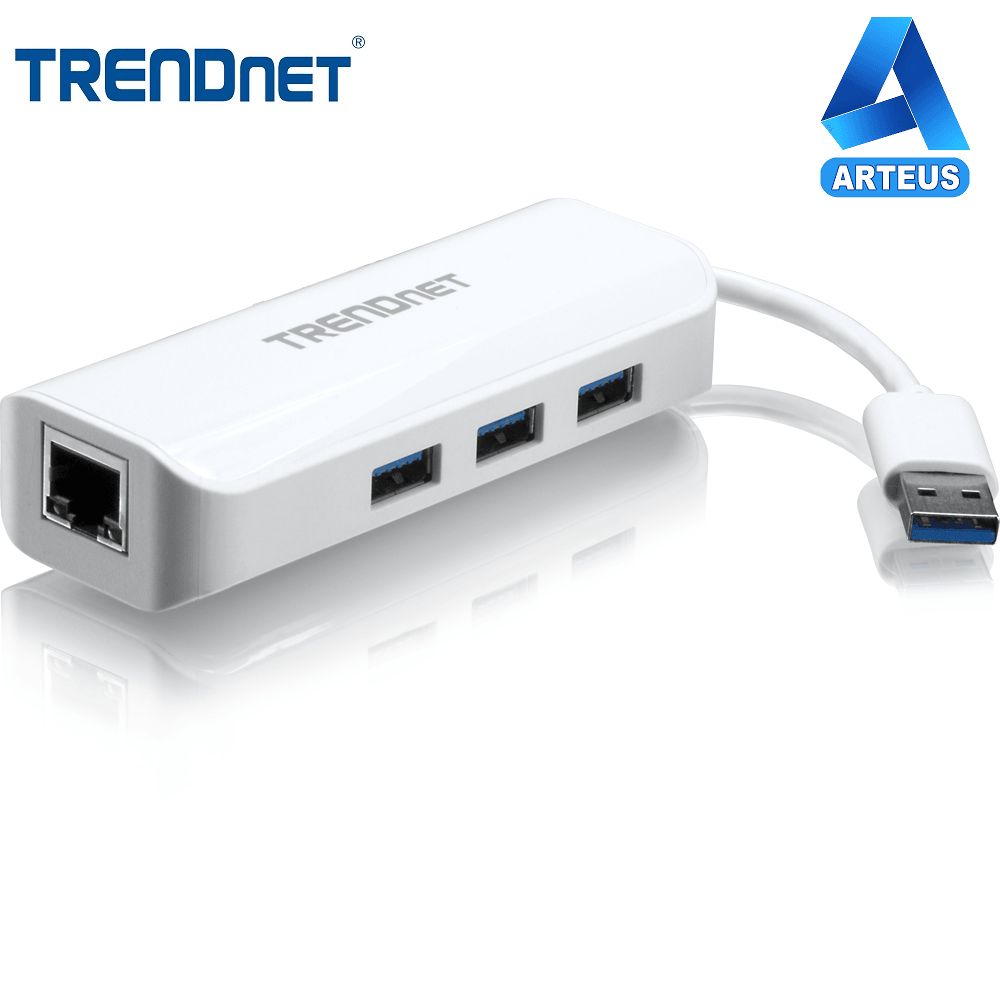 Adaptador USB 3.0 a Gigabit Ethernet y concentrador de 3 puertos USB en color blanco